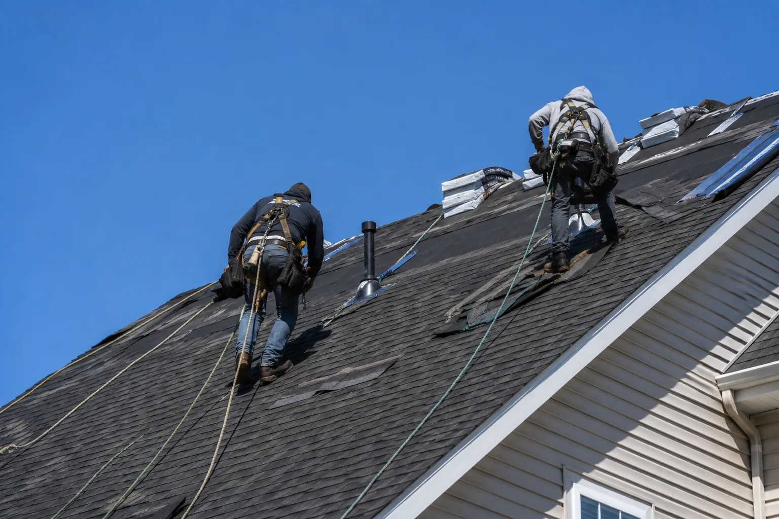 Two roofers wearing safety harnesses working on a steep asphalt shingle roof