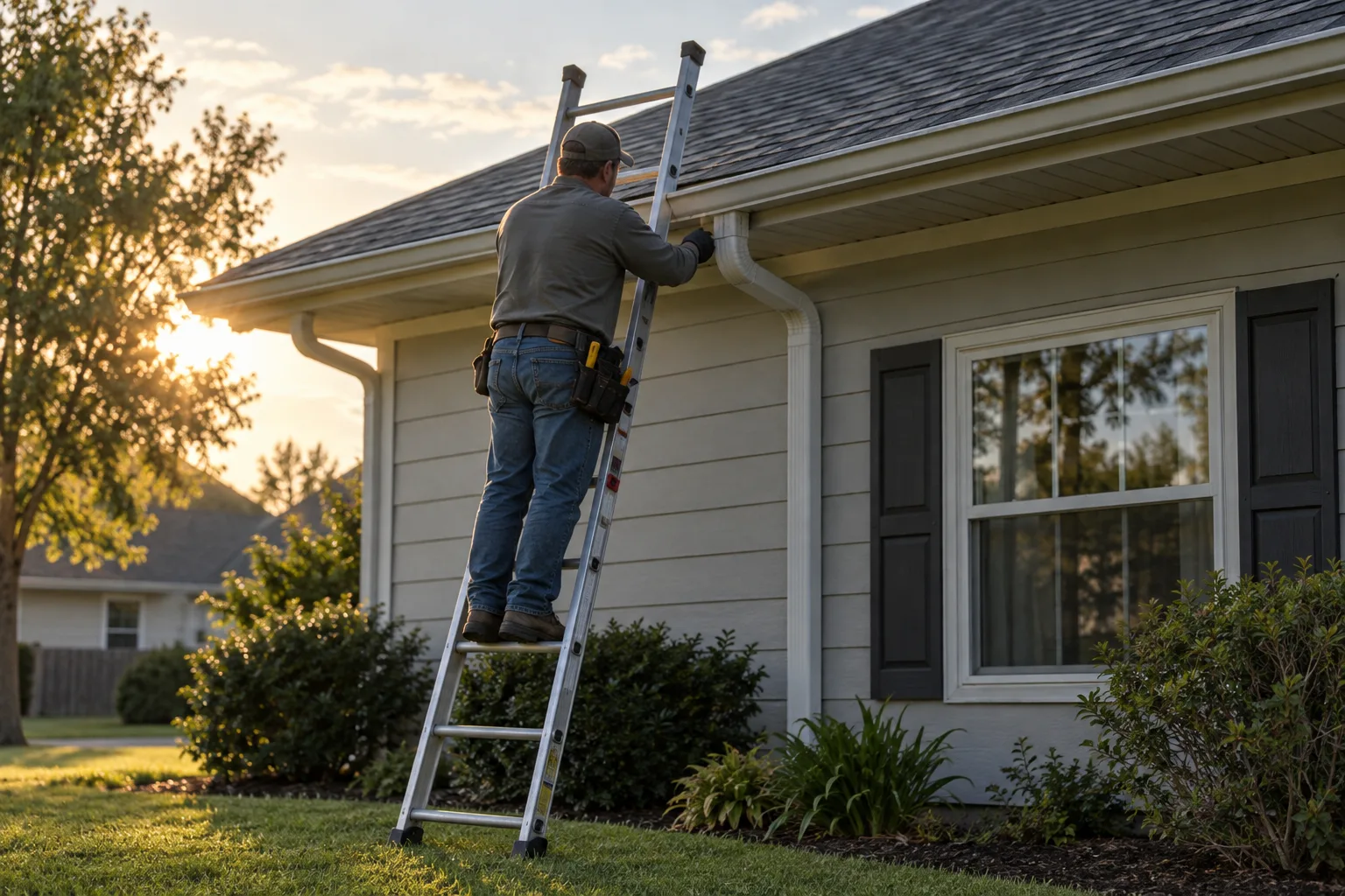 Generated illustration of a backlit roofer on a ladder examining a gutter connection below a shingle roof